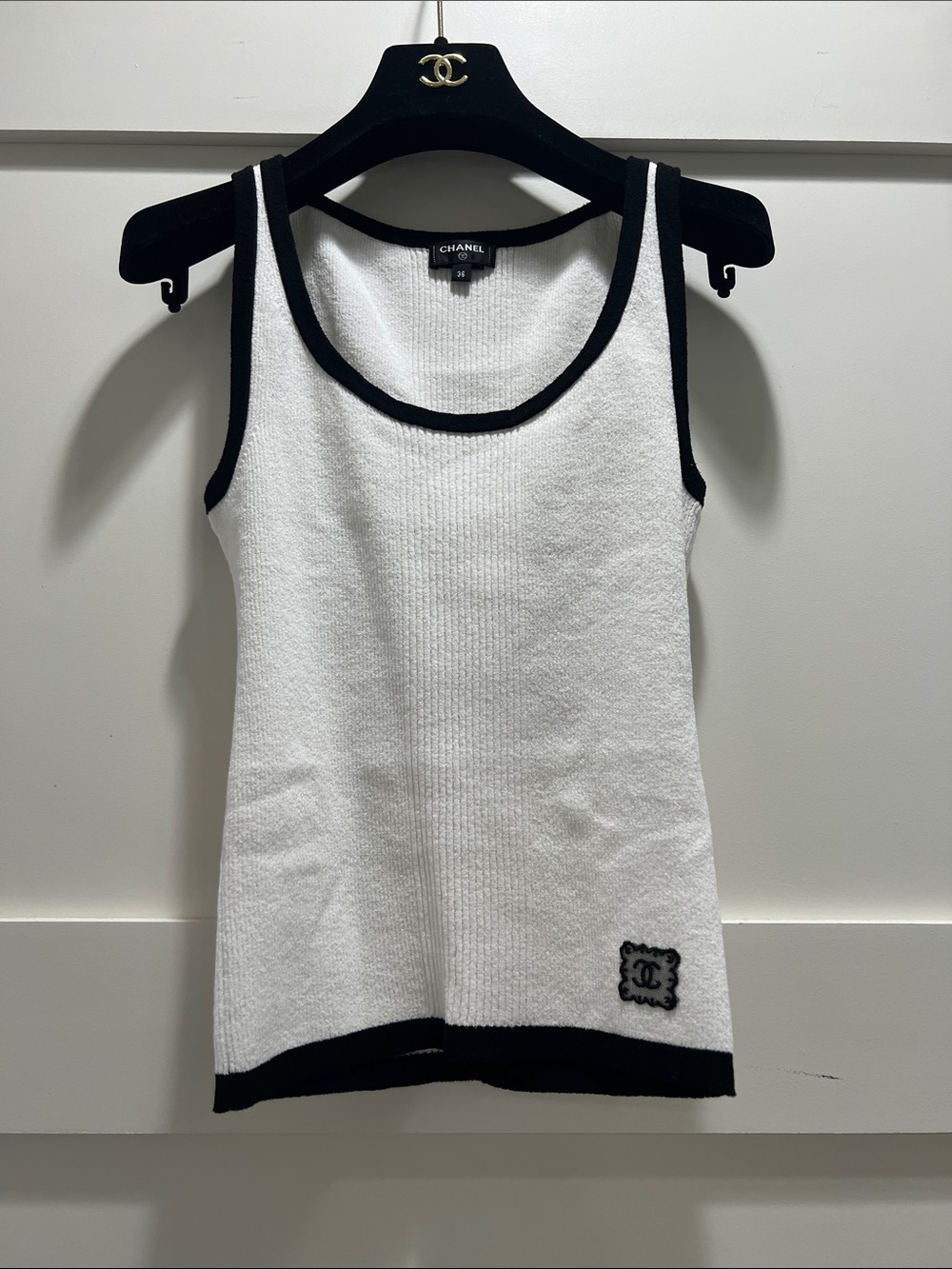 CHANEL White Tank Top with Black Trim